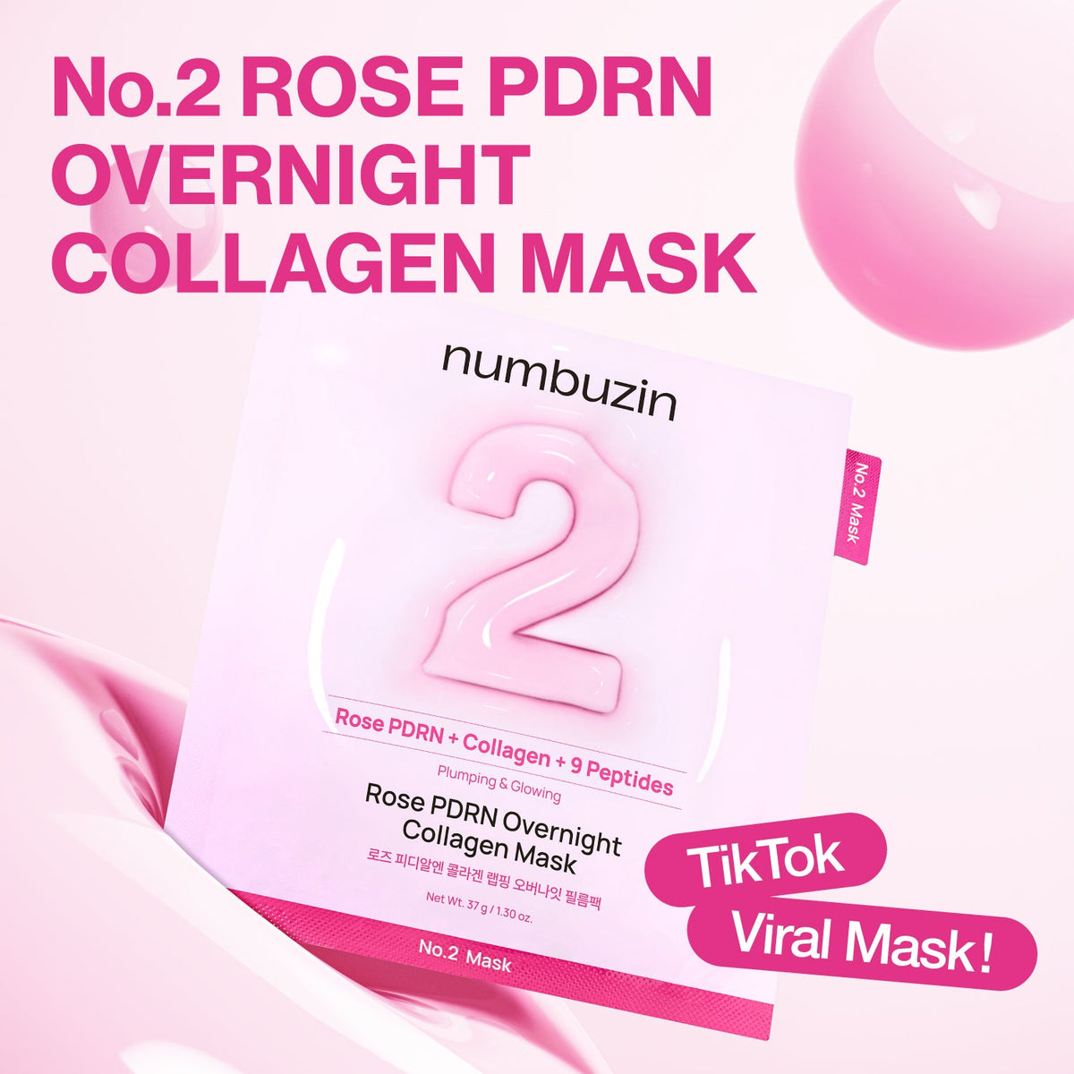 numbuzin No.2 Rose PDRN Overnight Collagen Mask 37g x 4 sheets